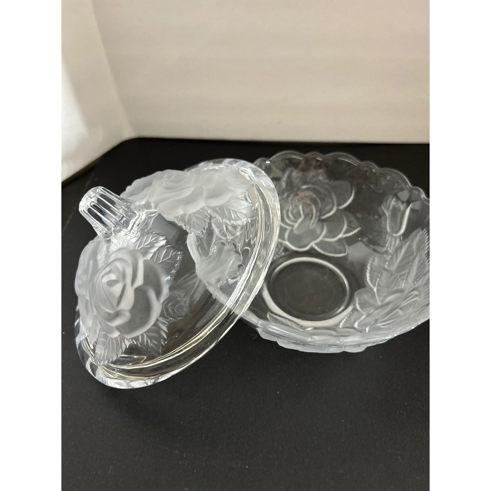 Trinket Dish Clear Frosted Rose Embossed Crystal Glass Lidded Bowl Collectible